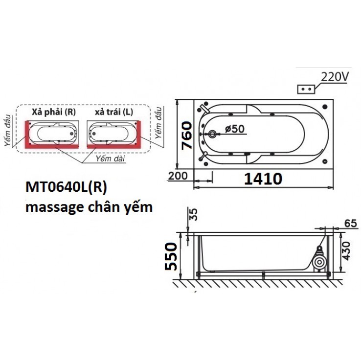 Bồn Tắm Massage 1.4M Chân Yếm CAESAR MT0640L/R