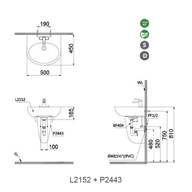 Chậu rửa Treo Tường Caesar Chân Ngắn L2152/P2443