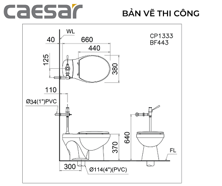 Bàn Cầu Xả Gạt Tay CAESAR CP1333/BF521