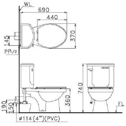 Bồn cầu 2 khối thoát ngang Caesar CPT1332