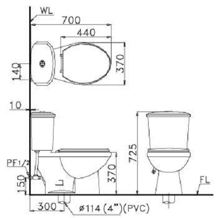 Bồn Cầu CAESAR CD1338 Thùng T1238 2 Nhấn Nắp Thường