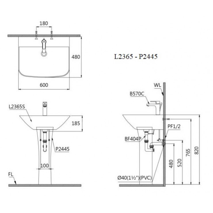 Chậu Rửa treo tường Caesar L2365/P2445 Chân Dài