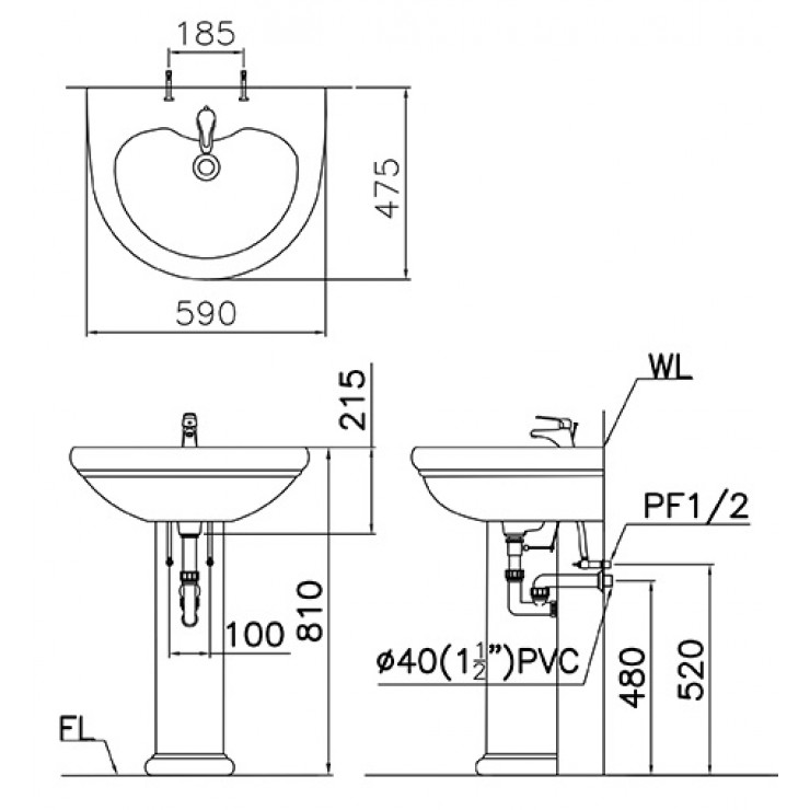 Chậu Rửa Lavabo Caesar Chân Dài L2230/P2432