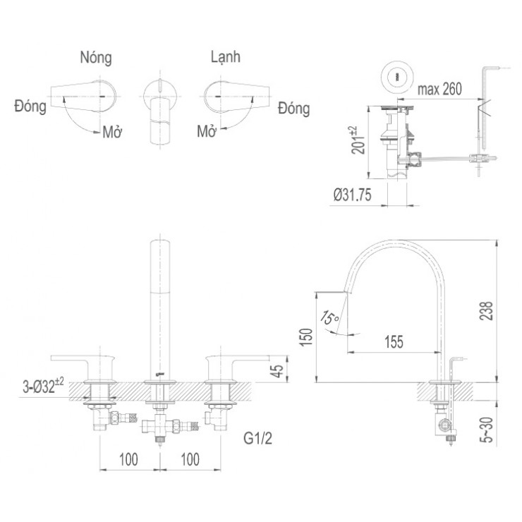 Vòi chậu INAX nóng lạnh 3 Lỗ LFV-7100B