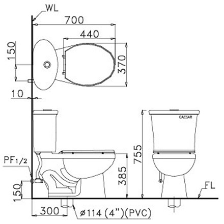 Bồn Cầu CAESAR CTS1338 Thùng T1138 1 Nhấn Nắp Êm