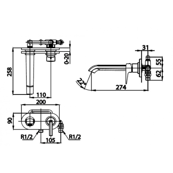 Vòi Lavabo COTTO CT2263A Nóng Lạnh Gắn Tường