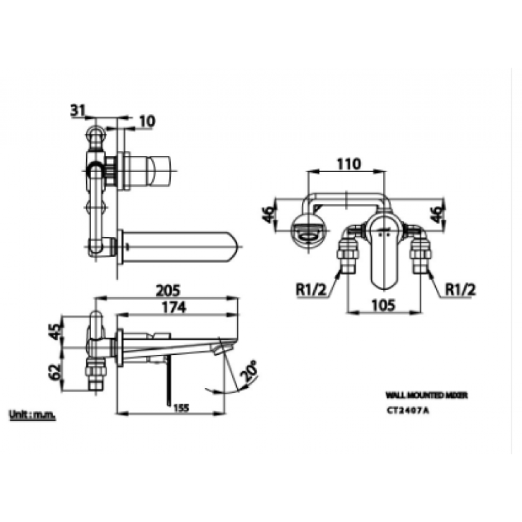 Vòi Lavabo COTTO CT2407A Nóng Lạnh Gắn Tường
