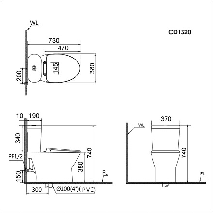 Bồn Cầu Nắp Rửa Cơ CAESAR CD1320/TAF050 2 Khối
