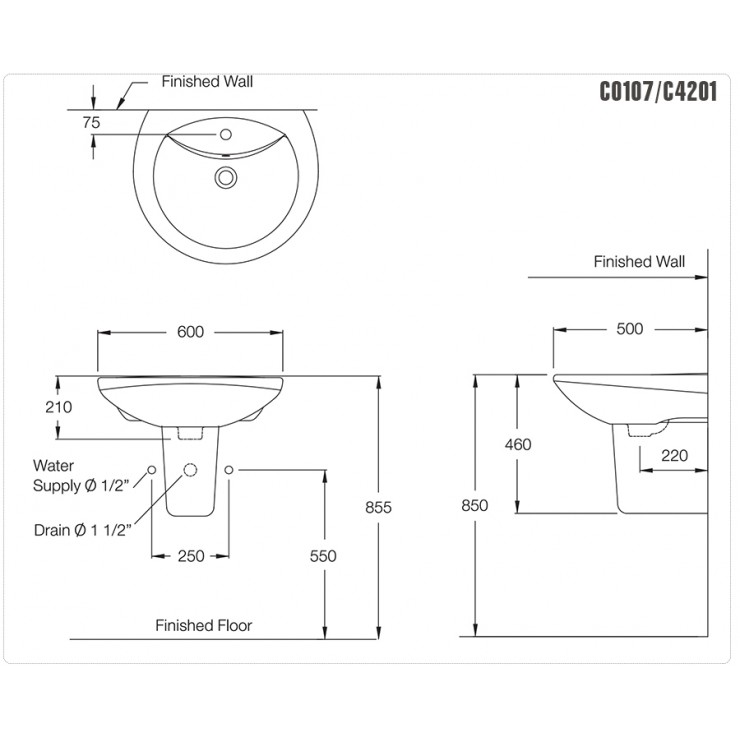 Chậu Rửa Mặt Lavabo COTTO C0107/C420 Alice Chân Ngắn
