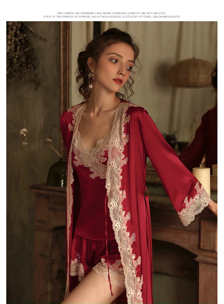 Áo choàng ngủ phối ren đính đá chất liệu lụa satin cao cấp kèm bộ ngủ 2 dây đùi hàng chuẩn XỊN