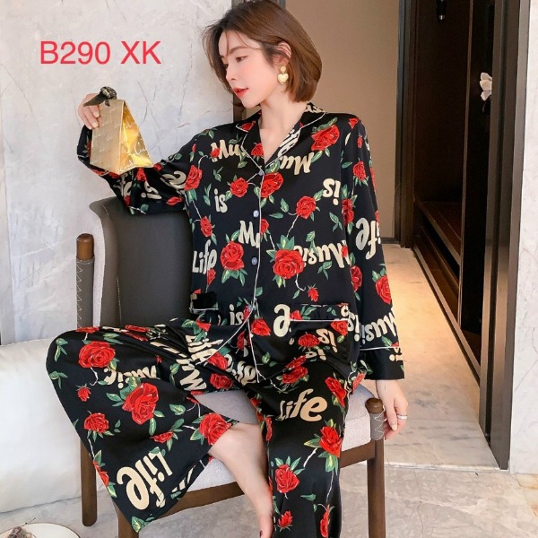 Đồ bộ mặc nhà cao cấp-Bộ ngủ pijama quần dài tay dài họa tiết hoa hồng chất lụa mịn mát