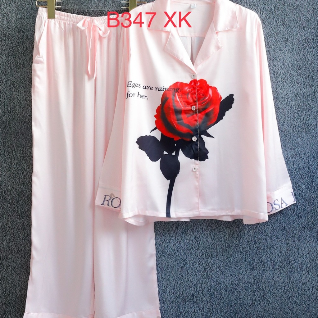 Bộ ngủ pijama lụa cao cấp quần dài tay dài hoa hồng