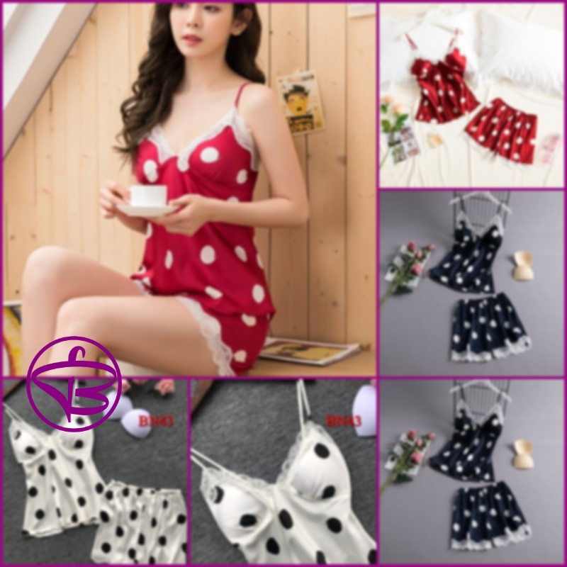 Bộ đồ ngủ nữ quần đùi áo 2 dây chất lụa chấm bi