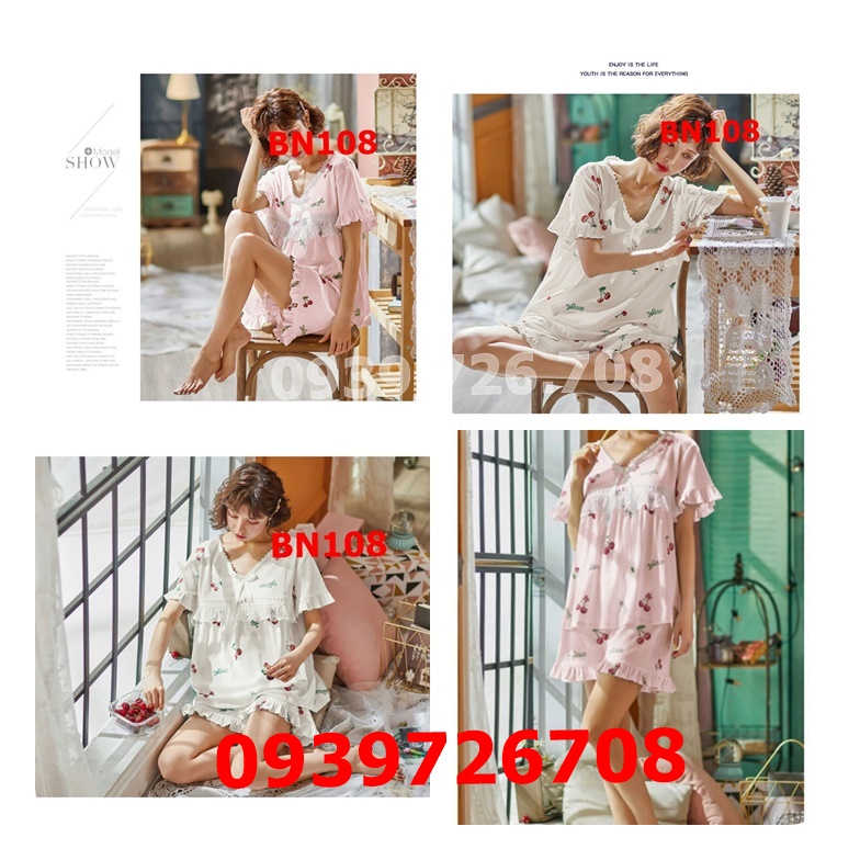 Bộ đồ ngủ công chúa họa tiếp cherry chất cotton đẹp tay ngắn