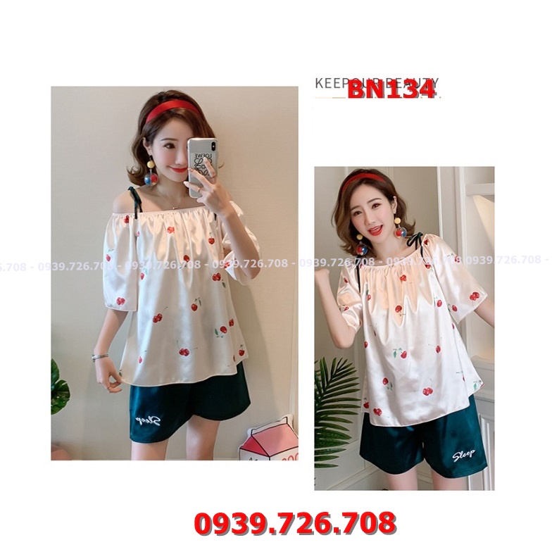 Bộ ngủ lụa quần đùi trễ vai họa tiết cherry dễ thương