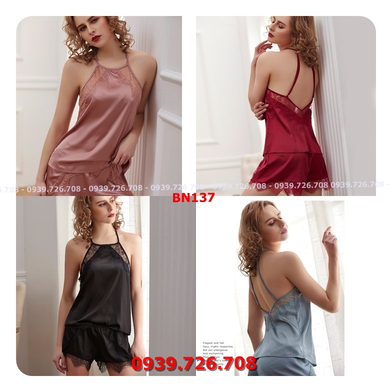 Bộ ngủ lụa 2 dây cổ yếm ren sexy quyến rũ