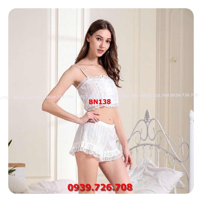 Bộ ngủ 2 dây croptop chất cotton trẻ trung