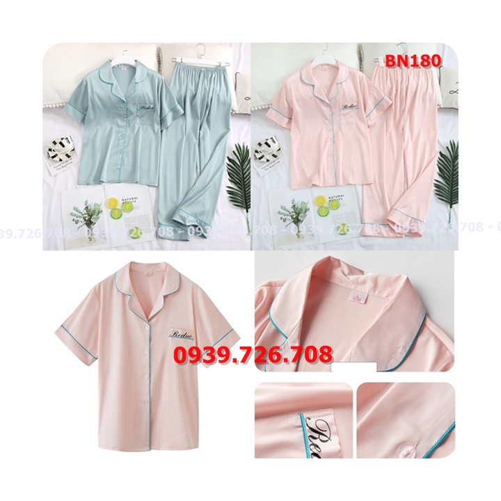 Bộ ngủ lụa satin Pijama trơn quần dài tay ngắn hàng đẹp cao cấp