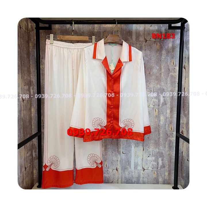 Bộ ngủ Pijama satin lụa phối viền quần dài tay dài hàng đẹp cao cấp
