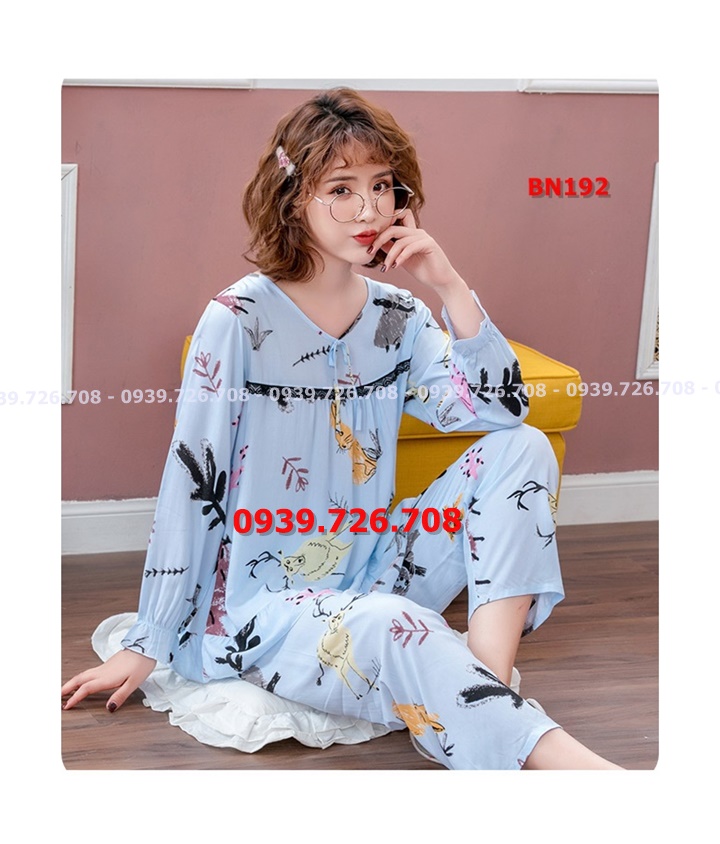 Bộ ngủ pijama cotton lụa phối ren ngực chất mịn mát quần dài tay dài