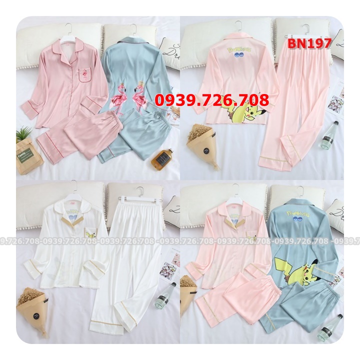 Bộ ngủ pijama satin lụa quần dài tay dài họa tiết lưng chất đẹp