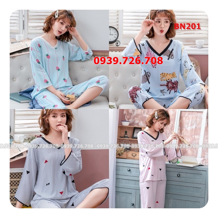 Bộ ngủ cotton lụa quần lửng tay dài mịn mát