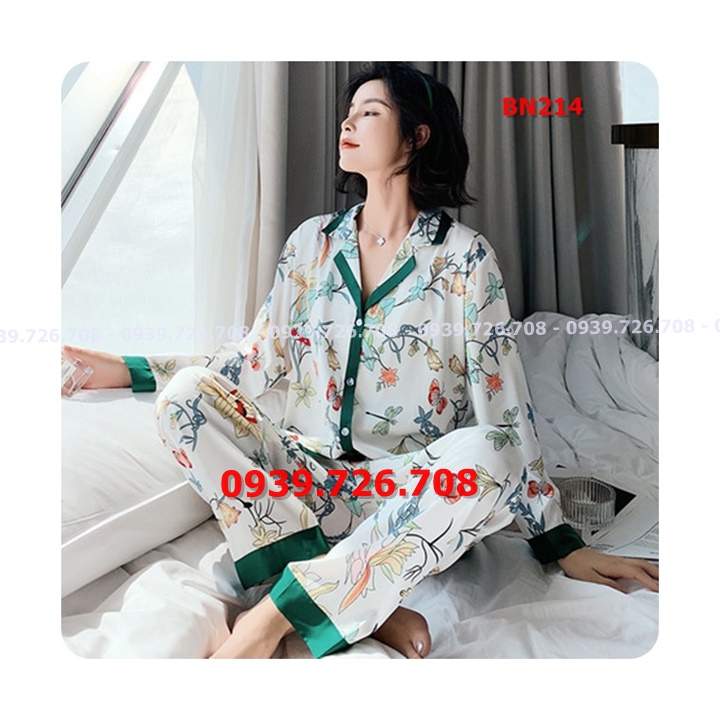 Bộ ngủ pijama lụa satin có viền quần dài tay dài hàng cao cấp