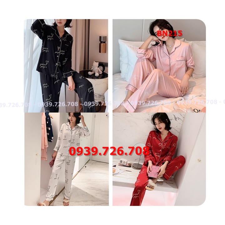 Bộ ngủ pijama có chữ chất satin lụa quần dài tay dài hàng cao cấp