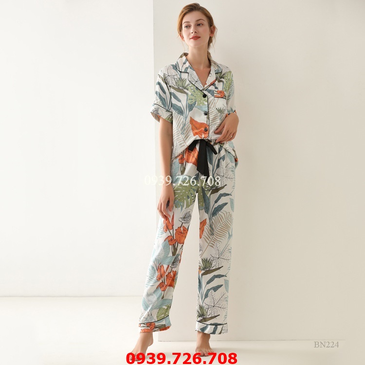 Đồ bộ pijama nữ đẹp - Bộ ngủ pijama cộc tay quần dài tay ngắn cột dây chất lụa satin cao cấp