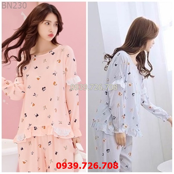 Bộ ngủ nữ đẹp quần dài - Bộ đồ cotton lụa dài tay mặc nhà chất vải mịn thoáng mát MÀU xanh và hồng