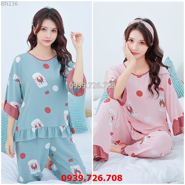 Bộ ngủ cotton lụa cổ tròn con mèo quần dài tay dài mịn mát