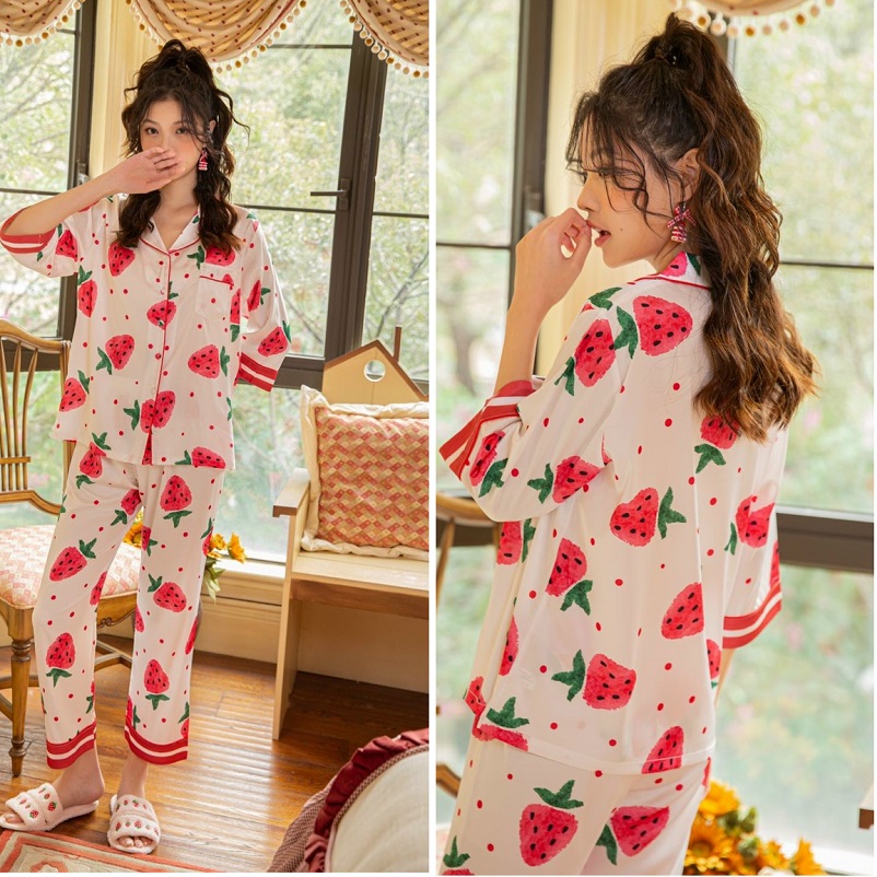 Bộ ngủ pijama lụa quần dài tay lửng trái dâu dễ thương hàng cao cấp đẹp chuẩn