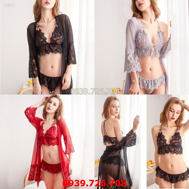Đồ ngủ voan mỏng-Áo choàng ngủ nữ kết hợp bộ ngủ nội y bralette ren lưới sexy quyến rũ gợi cảm-MÀU xám
