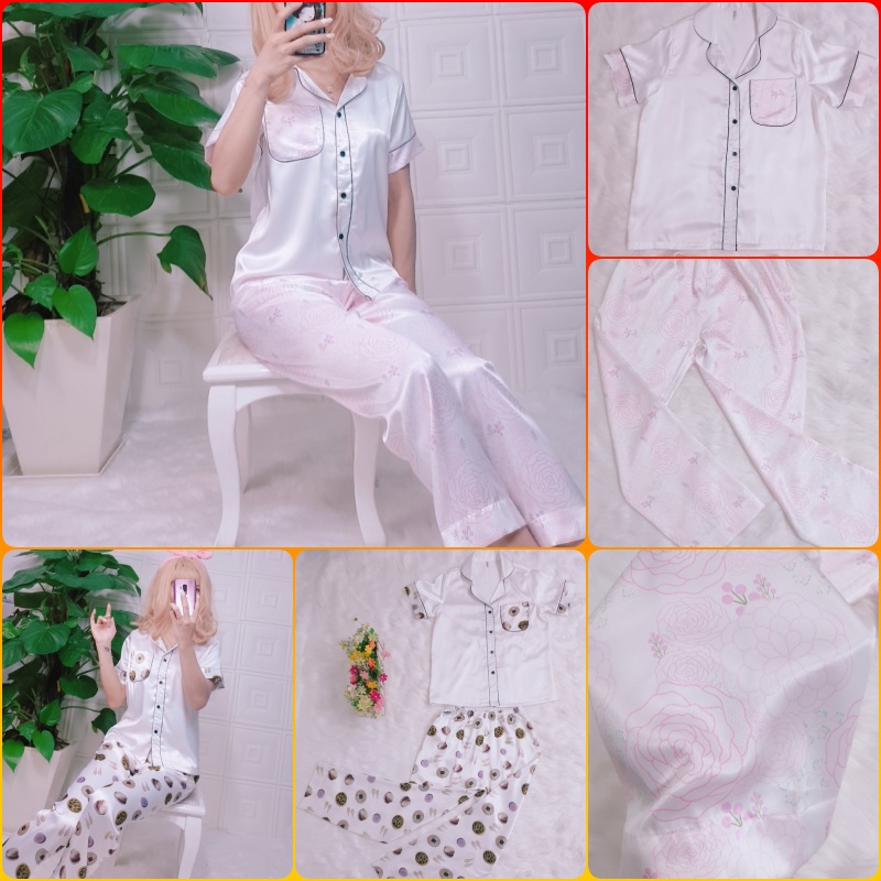Bộ ngủ pijama hàng thiết kế quần dài tay ngắn áo trắng phối nẹp đôi chất lụa cao cấp