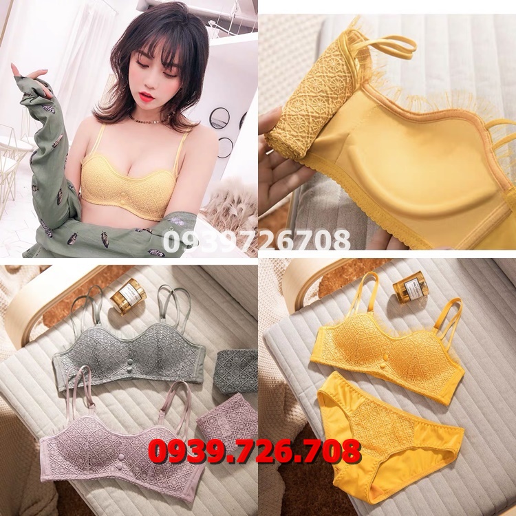 Bộ đồ lót ren cúp ngang nút giữa viền bèo ko gọng không mút