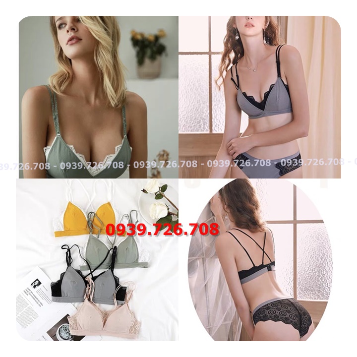 Bộ đồ lót thun đắp ren tam giác 2 lớp 2 dây ko gọng ko mút
