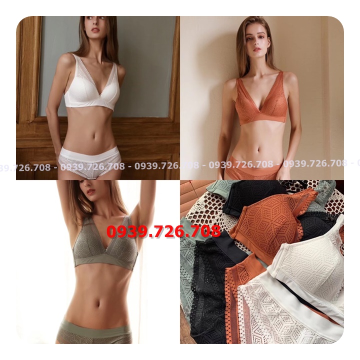 Bộ đồ lót ren khối cúp tam giác viền lưới trên ko gọng mút nhẹ
