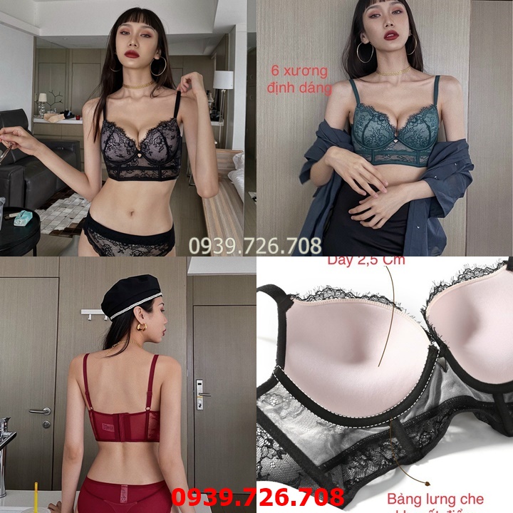 Bộ đồ lót ren mút dày vừa bảng rộng dạng corset 6 xương định hình che khuyết điểm