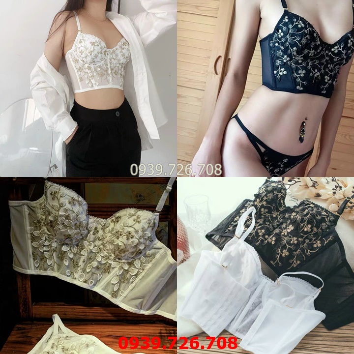 Bộ đồ lót ren thêu cao cấp có gọng mút tháo rời bảng rộng dạng corset 7 xương định hình che khuyết điểm