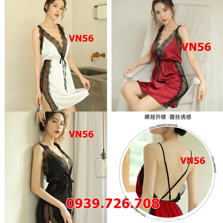 Đầm ngủ nữ phi lụa viền ren xẻ tà nơ trước