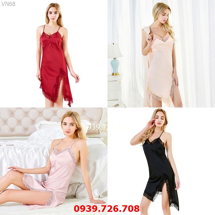 Váy ngủ lụa sexy cao cấp - Đầm ngủ nữ quyến rũ xẻ hông gợi cảm kèm quần lọt  khe VN488 - Hana Lady