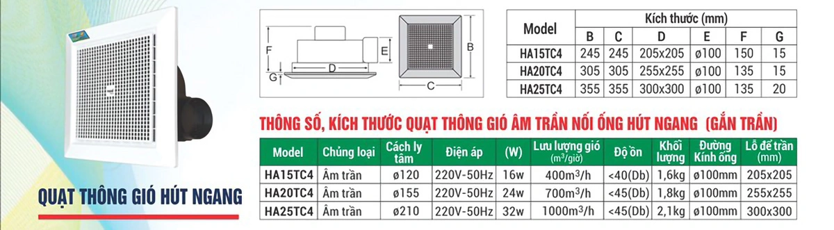 Quạt thông gió gắn trần hút ngang cao cấp Tico Luxury HA15TC4