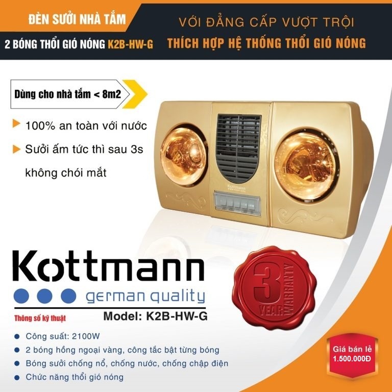 Đèn sưởi 2 bóng kèm gió thổi nóng – K2BHWG