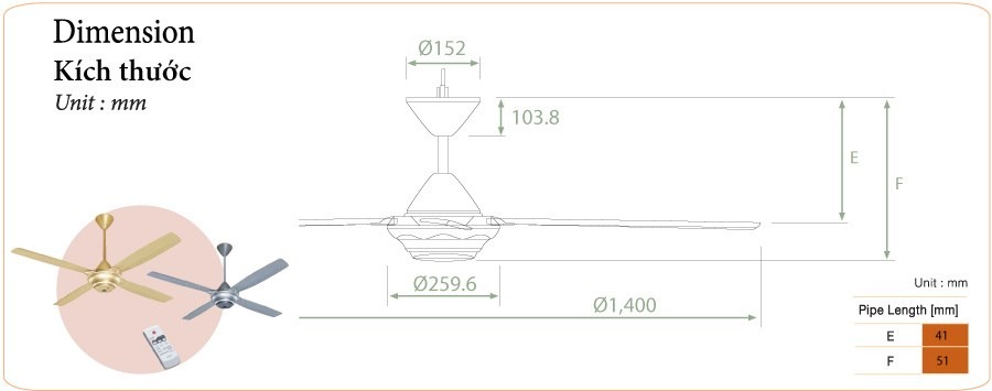 Quạt trần KDK M56XR (GD)