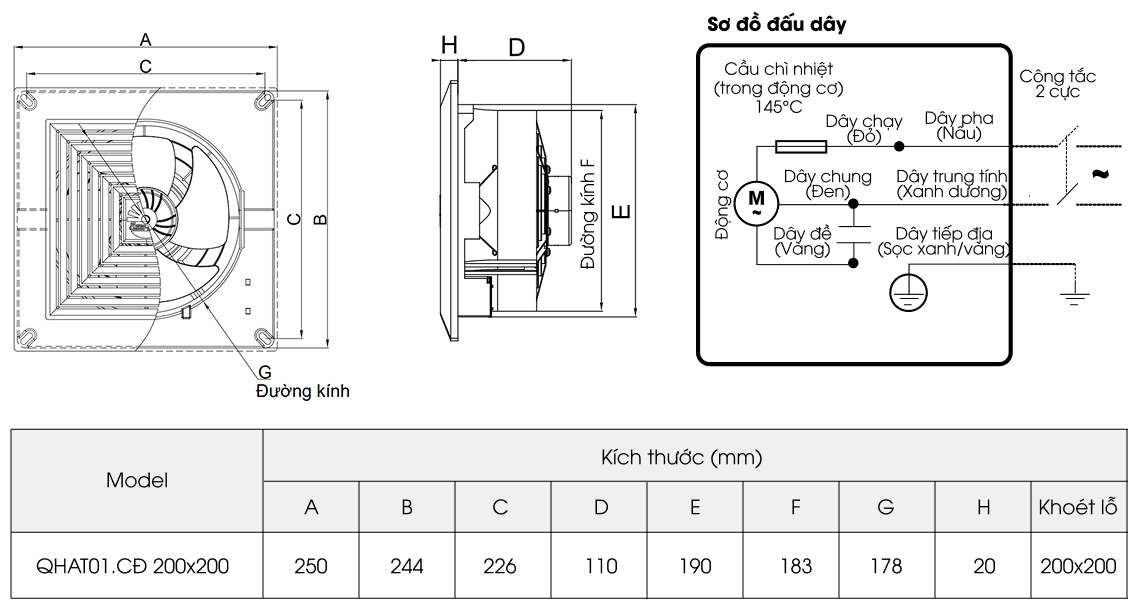 Quạt thông gió hút trần thẳng QHAT01.CĐ 200x200