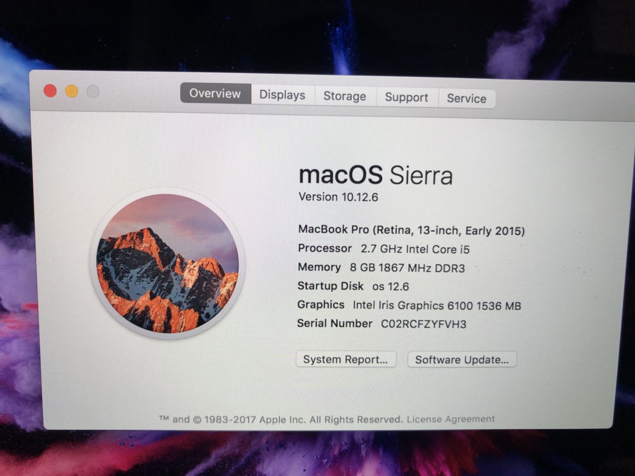 Macbook MF839 2015 CPU i5-2.7GHz ram 8GB SSD 128GB