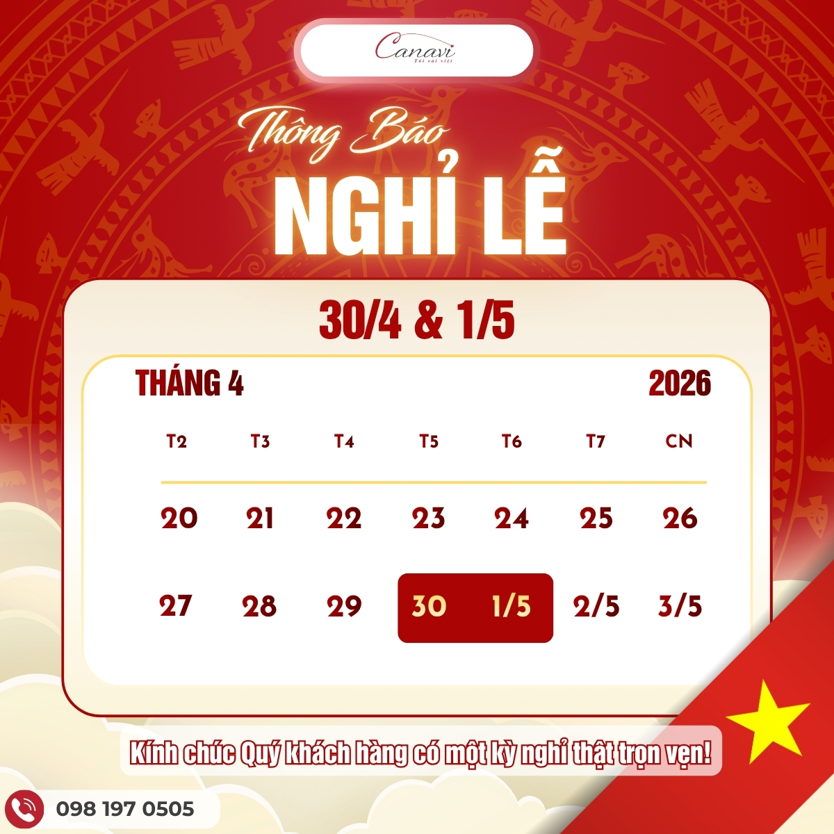 Thời gian nghĩ lễ 30/4 - 1/5