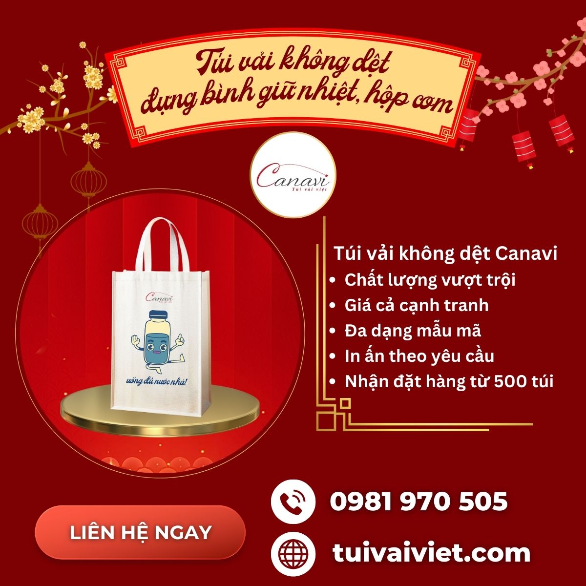 Túi vải không dệt đựng bình giữ nhiệt, hộp cơm