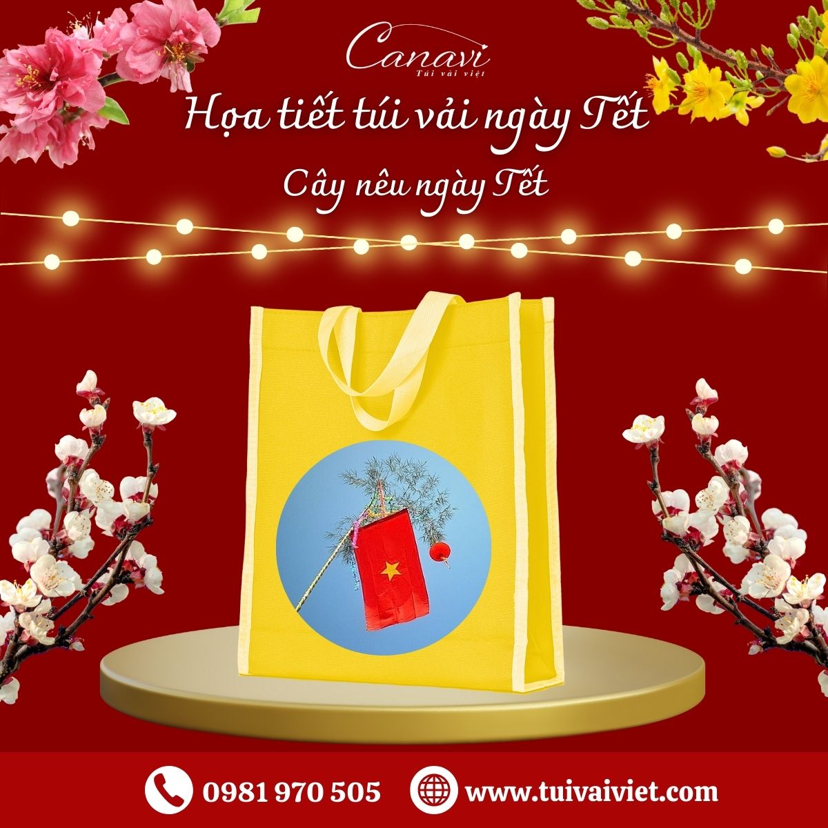 họa tiết túi đựng quà tết cây nêu ngày tết