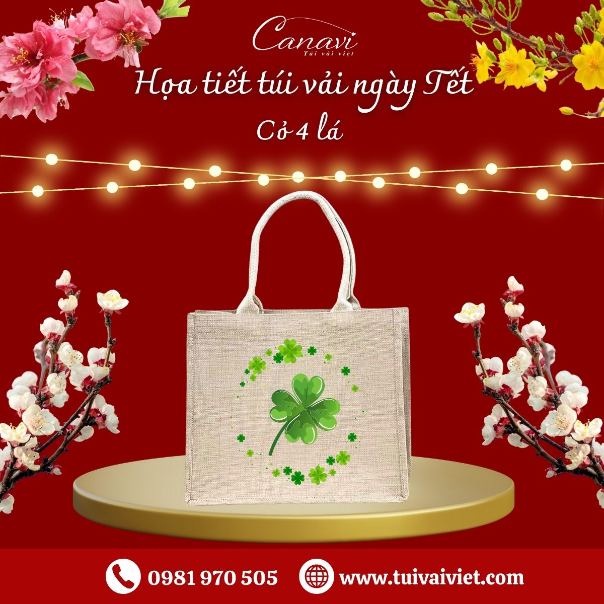 họa tiết túi đựng quà tết cỏ 4 lá